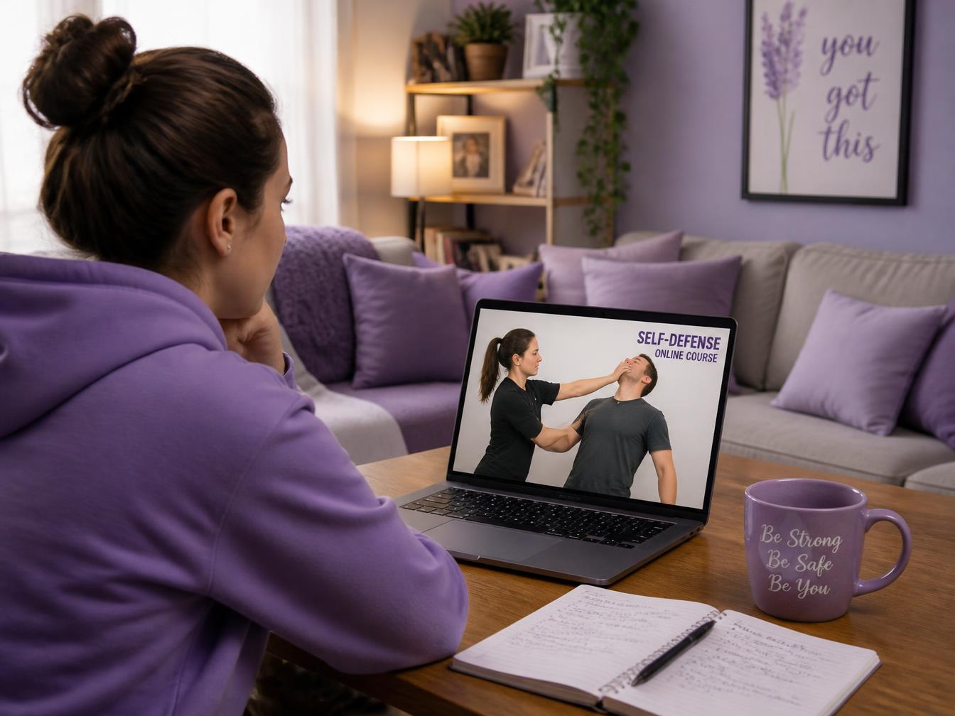 Mulher assistindo a um curso online de defesa pessoal no notebook